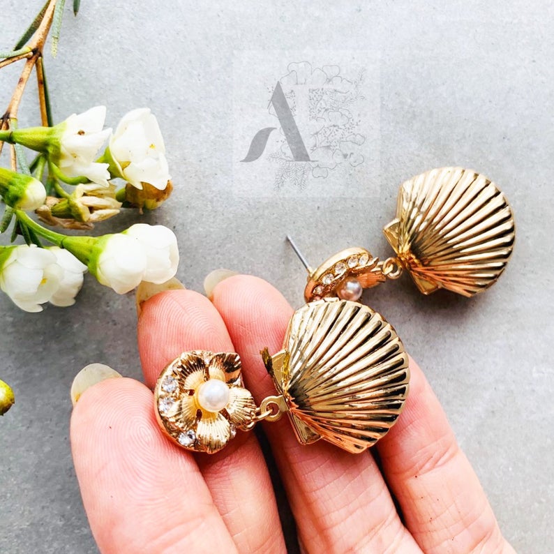 Gold Tone Seashell with Floral Pearl Earrings – AEJewellery